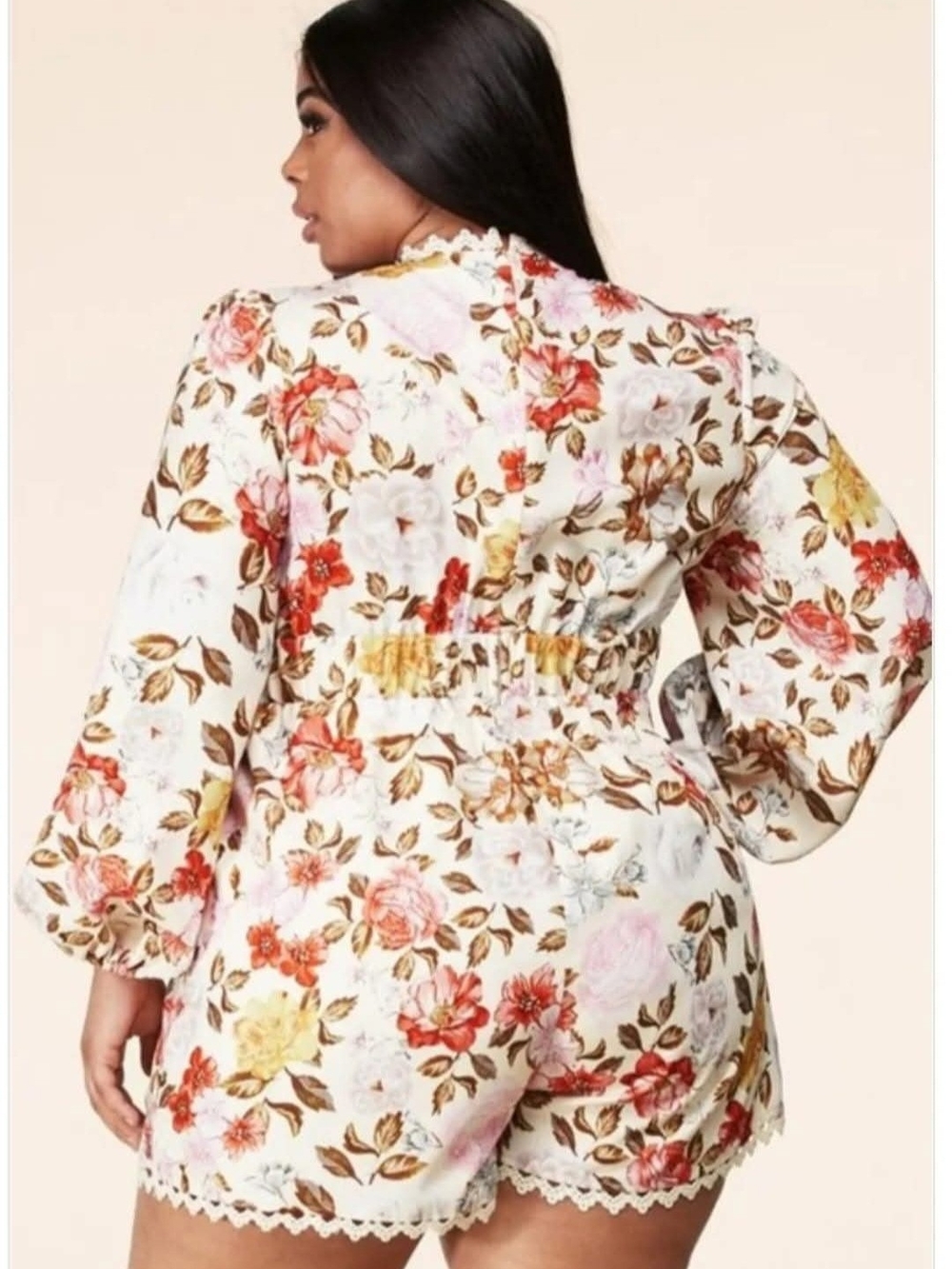 Floral Lace-Trim Romper in Cream, Pink & Rust